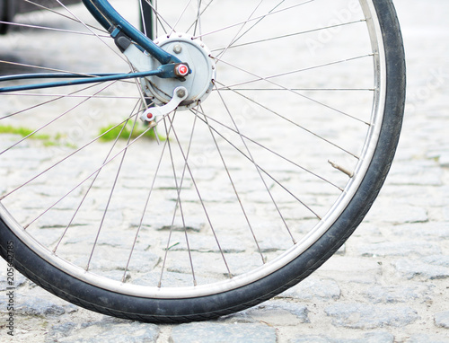 Bicycle wheel close-up. Free space. Detail. Bike