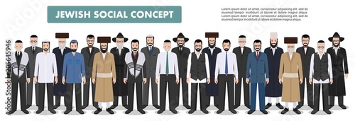 Family and social concept. Group adults old jewish men standing together in different traditional clothes in flat style. Old israel people. Differences Israelis in the national dress. Vector. photo