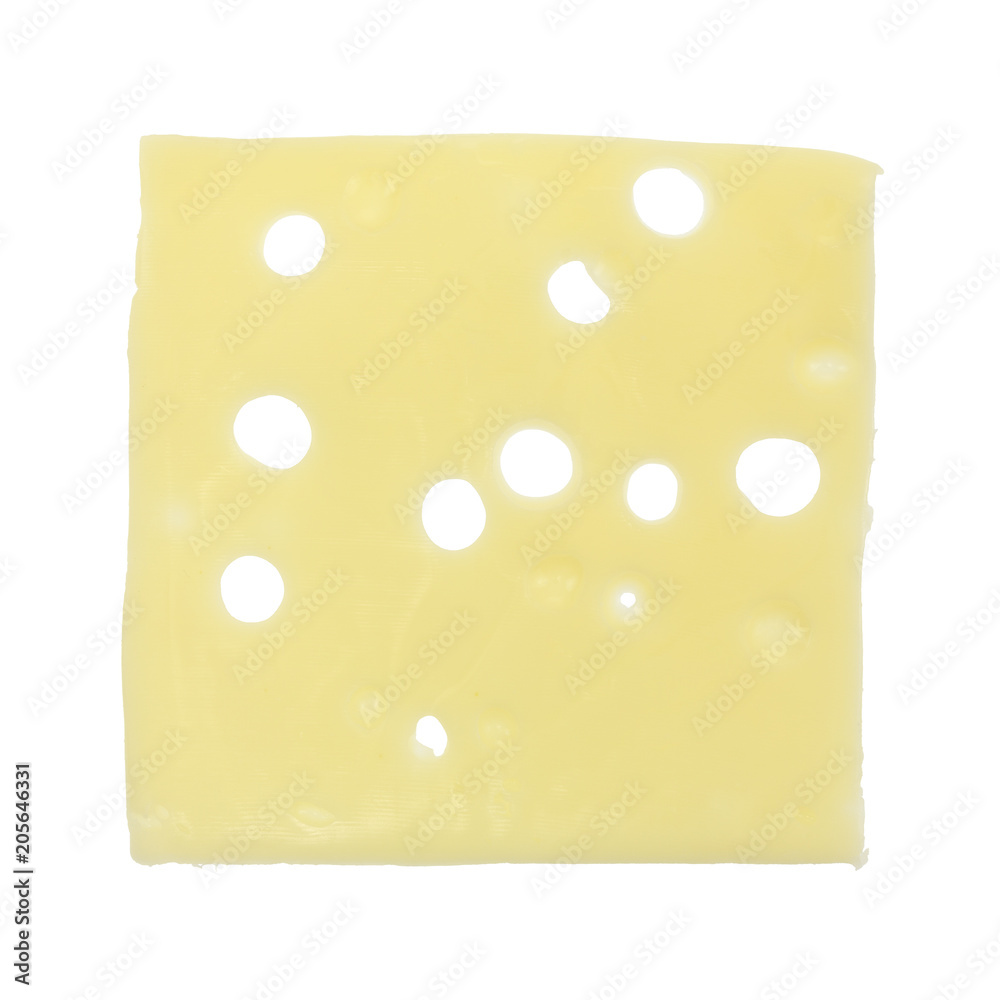 Single slice of low sodium Swiss cheese isolated on a white background.