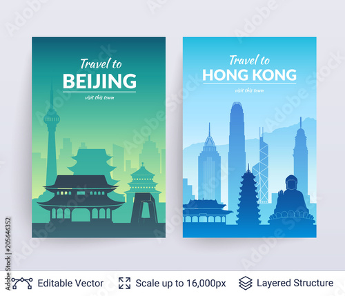 Beijing and Hong Kong famous city scapes.