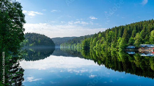 Spiegelung der Bäume und Wolken im See im bayerischen Wald
