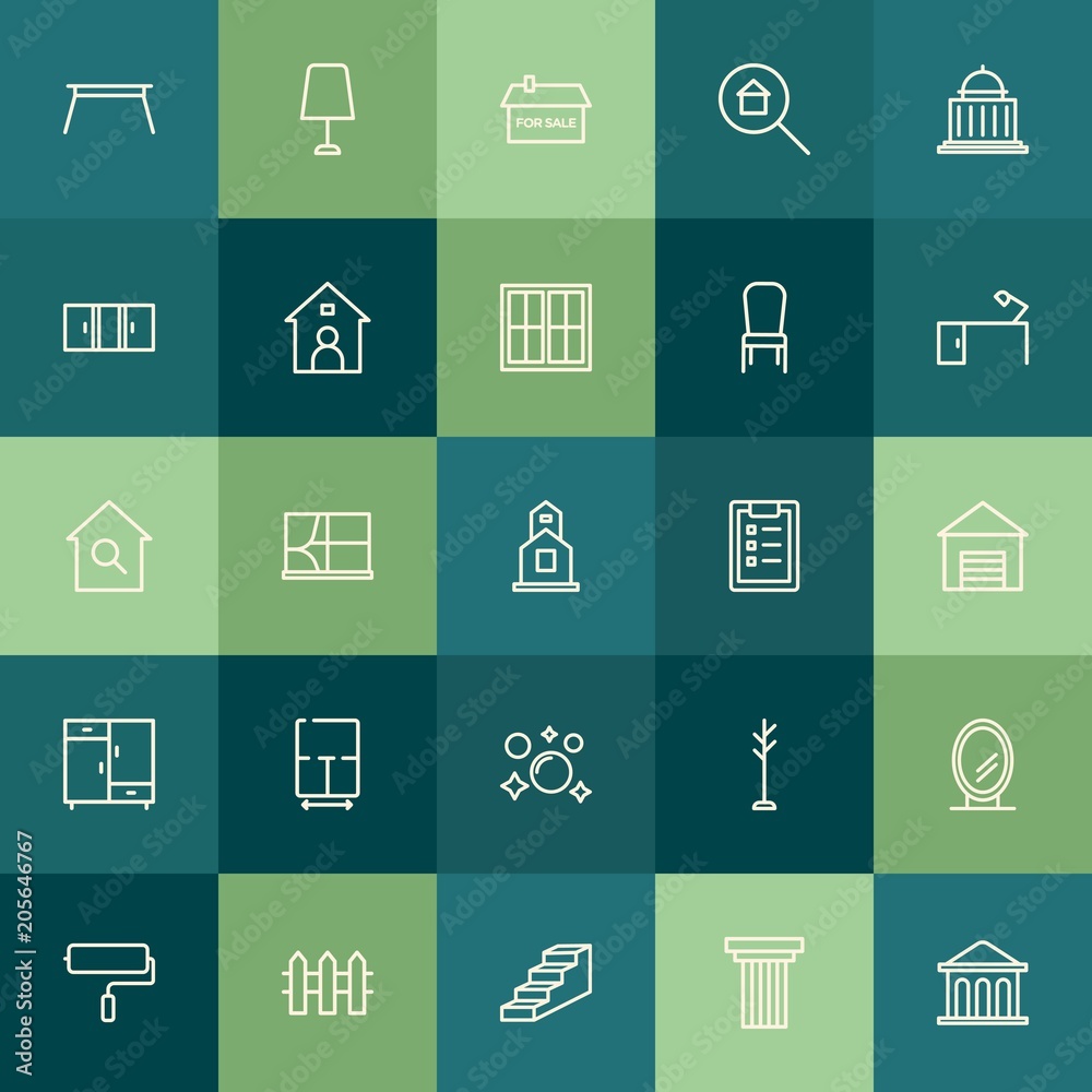 Modern Simple Set of buildings, furniture, housekeeping Vector outline Icons. Contains such Icons as  rack,  abstract, fence,  white,  sale and more on green background. Fully Editable. Pixel Perfect.
