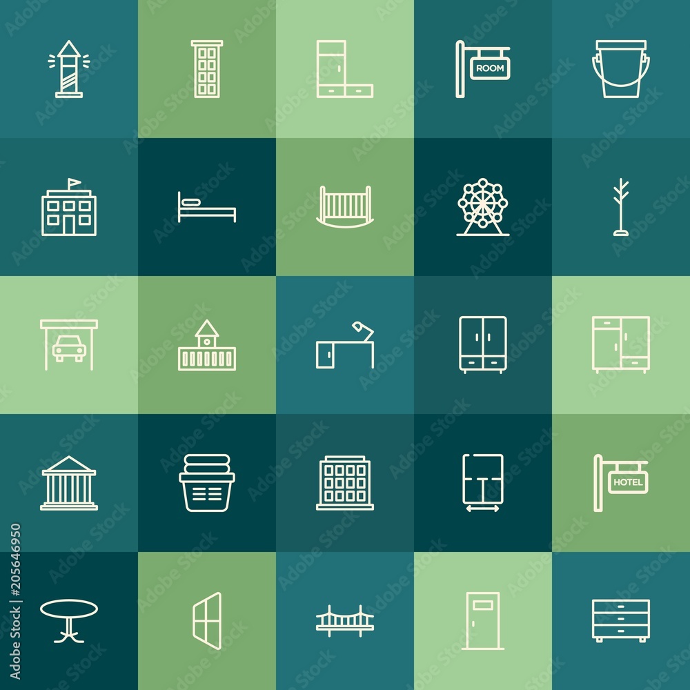Modern Simple Set of buildings, furniture, housekeeping Vector outline Icons. Contains such Icons as drawer, clothes, banner, wardrobe and more on green background. Fully Editable. Pixel Perfect. Modern Simple Set of buildings, furniture, housekeeping Vector outline Icons. Contains such Icons as drawer, clothes, banner, wardrobe and more on green background. Fully Editable. Pixel Perfect.