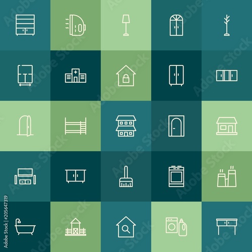 Modern Simple Set of buildings, furniture, housekeeping Vector outline Icons. Contains such Icons as nature, bedroom, water, iron, home and more on green background. Fully Editable. Pixel Perfect.