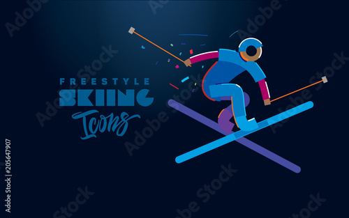 Freestyle Skiing. Vector color line icons