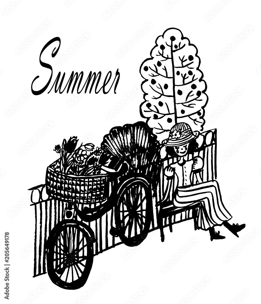 Fototapeta premium drawing of a cute young girl in a hat with a bicycle with a basket, crouched on a bench by the fence to relax, sketch, hand-drawn graphic vintage vector illustration
