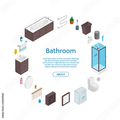 Vector bathroom isometric furniture elements in circle shape with place for text concept illustration
