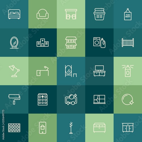 Modern Simple Set of buildings, furniture, housekeeping Vector outline Icons. Contains such Icons as  curtain,  shine, bedroom, pattern and more on green background. Fully Editable. Pixel Perfect.
