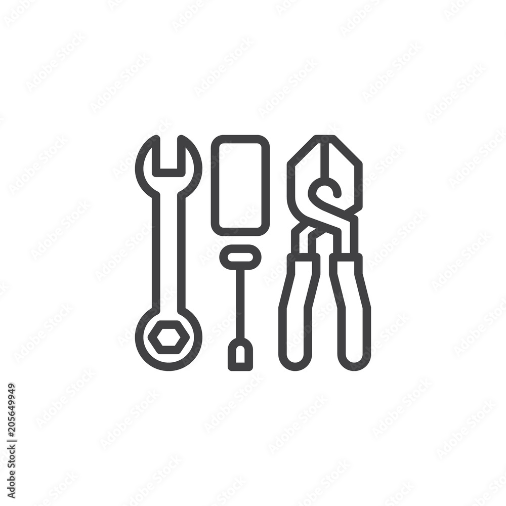 Wrench Screwdriver and Pliers outline icon. linear style sign for mobile concept and web design. Tools simple line vector icon. Symbol, logo illustration. Pixel perfect vector graphics