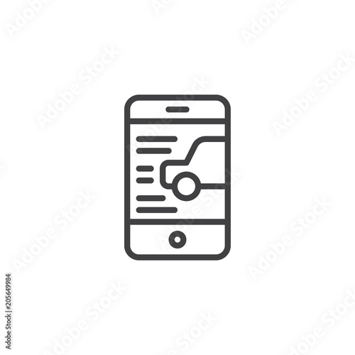 Mobile phone with car on screen outline icon. linear style sign for mobile concept and web design. Taxi service simple line vector icon. Symbol, logo illustration. Pixel perfect vector graphics
