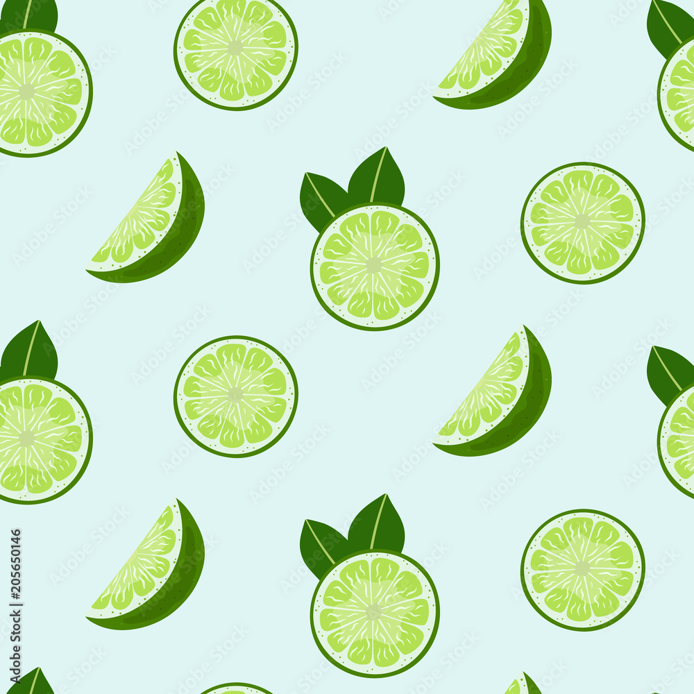 Lime slices and leaves seamless pattern. Bright green Citrus. Vector print. Wallpaper.