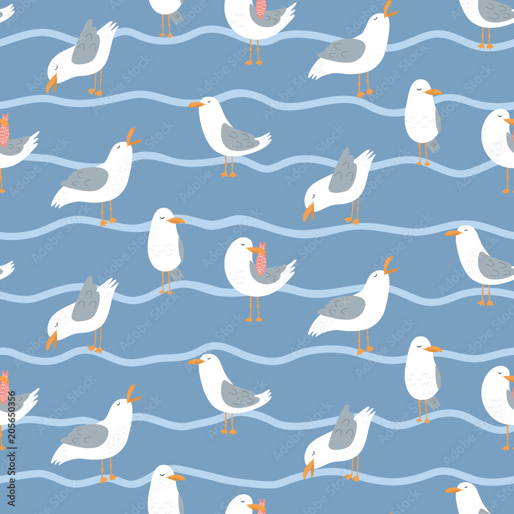 Obraz premium Seamless pattern with seagulls and waves. Cute cartoon seagulls on a coast. Summer vacation. Good for print.