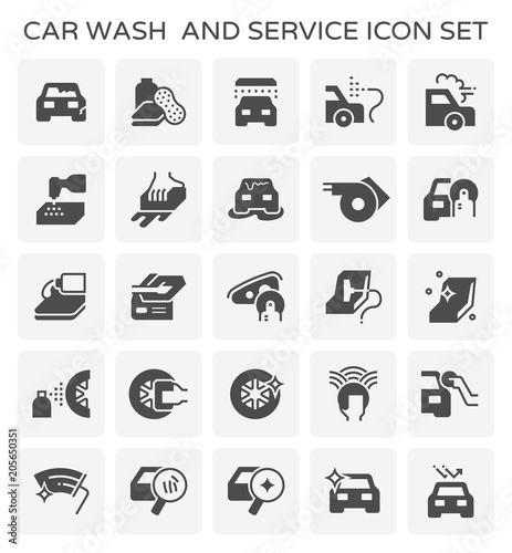 Car wash service vector icon. Business to care, repair, clean, wash and detail by hand, cleaner, wax, equipment. To polish at paint, glass, alloy, tire and leather at interior for shiny auto mobile.