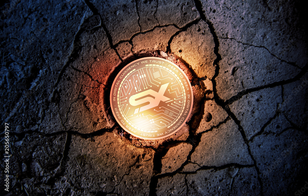 shiny golden SMNX cryptocurrency coin on dry earth dessert background mining 3d rendering illustration