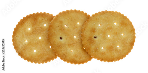 A row of yellow snack crackers on a white background.