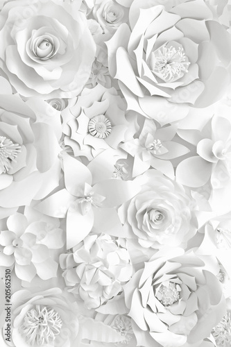 White paper flower wall, floral background, bridal bouquet, wedding card, greeting card template