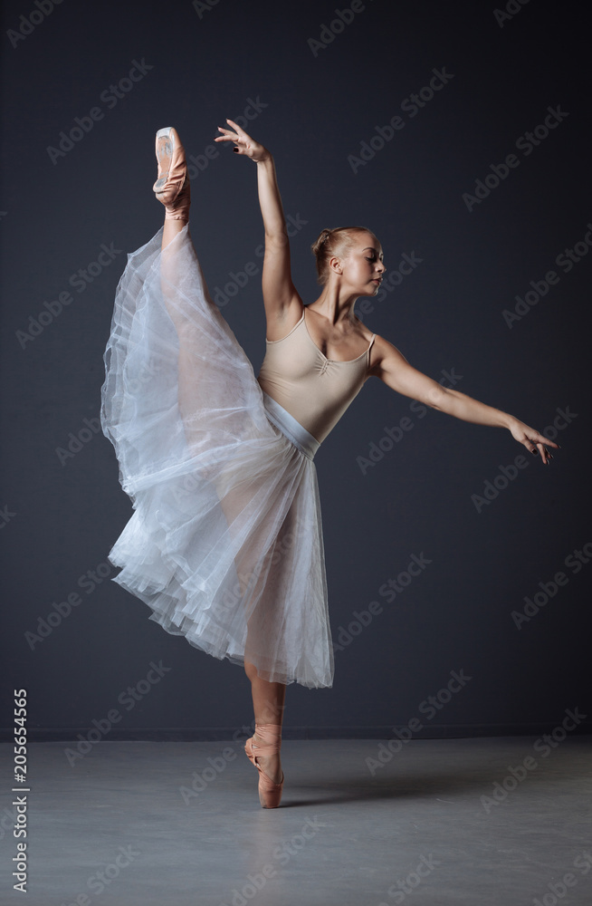 Serious concentrated ballerina lifting leg and holding hands up. Stock  Photo | Adobe Stock
