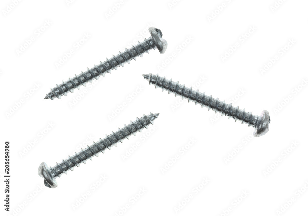Top view of three round head tamper proof sheet metal screws isolated on a white background. Top view of three round head tamper proof sheet metal screws isolated on a white background.