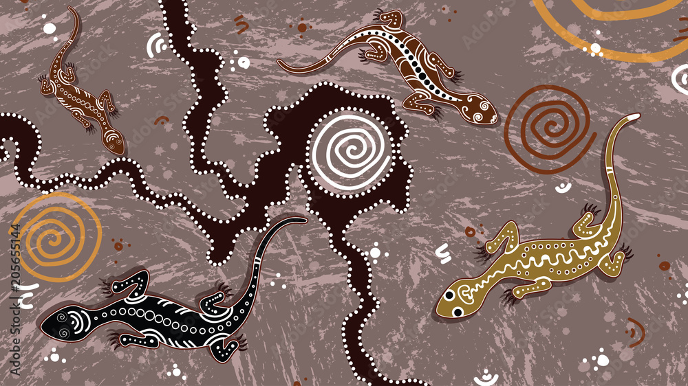 Fototapeta premium Wektor jaszczurka, tło sztuki Aborygenów z jaszczurką, ilustracja krajobrazowa oparta na aborygeńskim stylu malowania kropkowego.