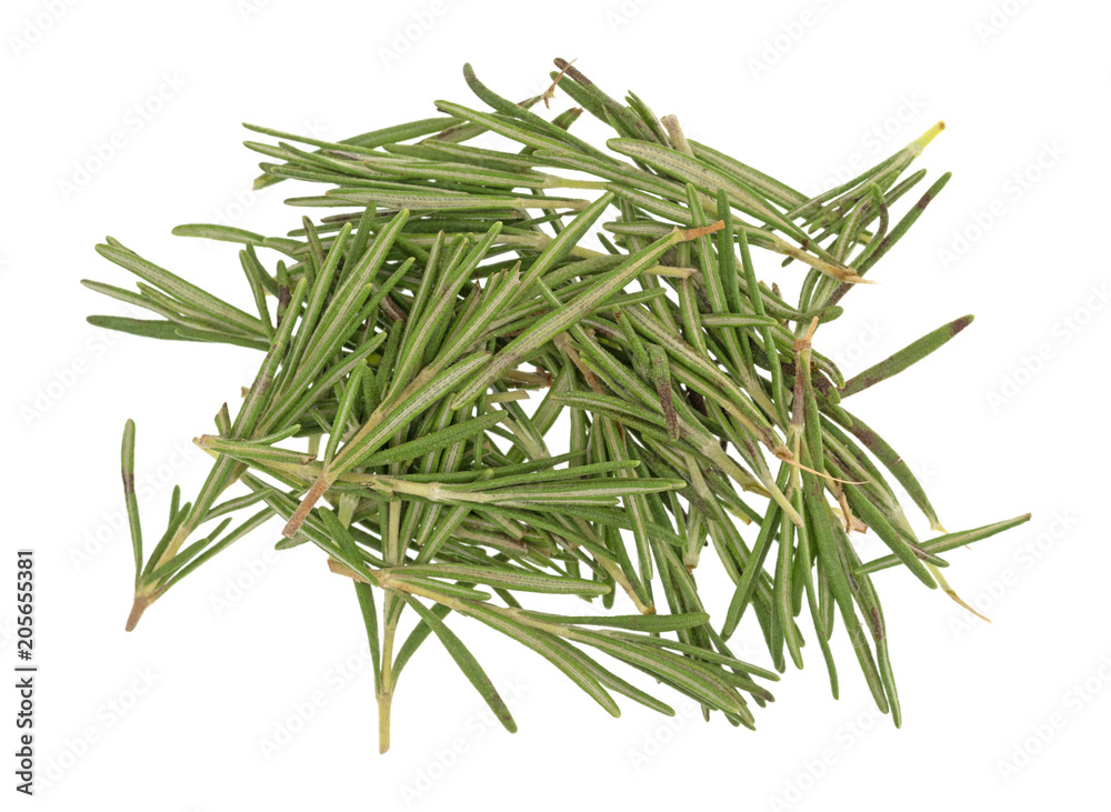Top view of organic rosemary needles on a white background.