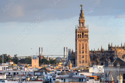 panoramic views of seville old town with giralda tower bell at background © jon_chica