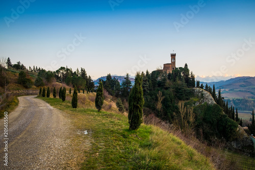 Brisighella, Ravenna, Emilia Romagna, Italy, Europe. The clocktower on the hill.