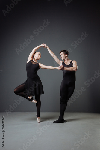 Two cute nice-looking dancers training and standing in ballet pose.