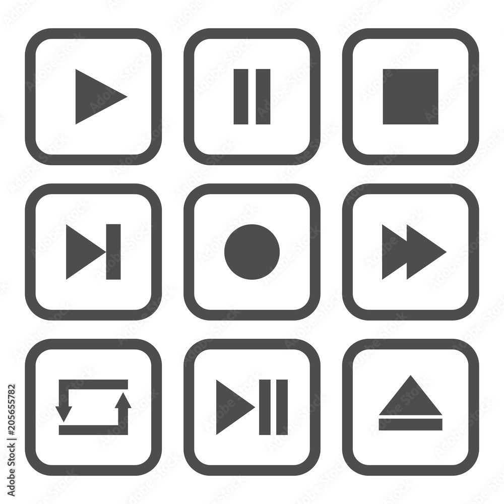 Vettoriale Stock Media player control buttons. Play, pause, stop, record,  forward, rewind, previous, next, eject, repeat icon. Square. Vector. |  Adobe Stock