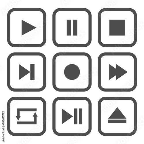 Media player control buttons. Play, pause, stop, record, forward, rewind, previous, next, eject, repeat  icon. Square. Vector.