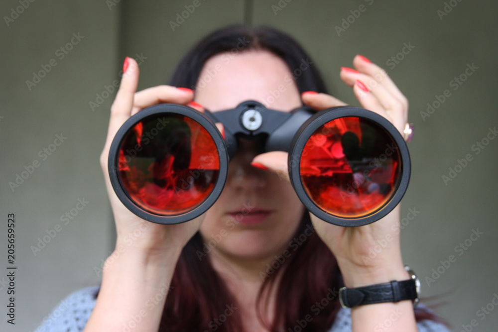 Woman Looking Through Binoculars Telescope Day And Night Vision Woman Looking Through Binoculars Telescope Day And Night Vision