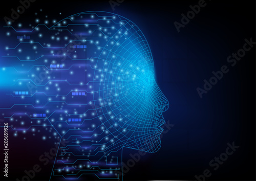 Artificial intelligence. Human head outline with circuit lines inside. Abstract digital technology and engineering background concept. Virtual 3D vector illustration.