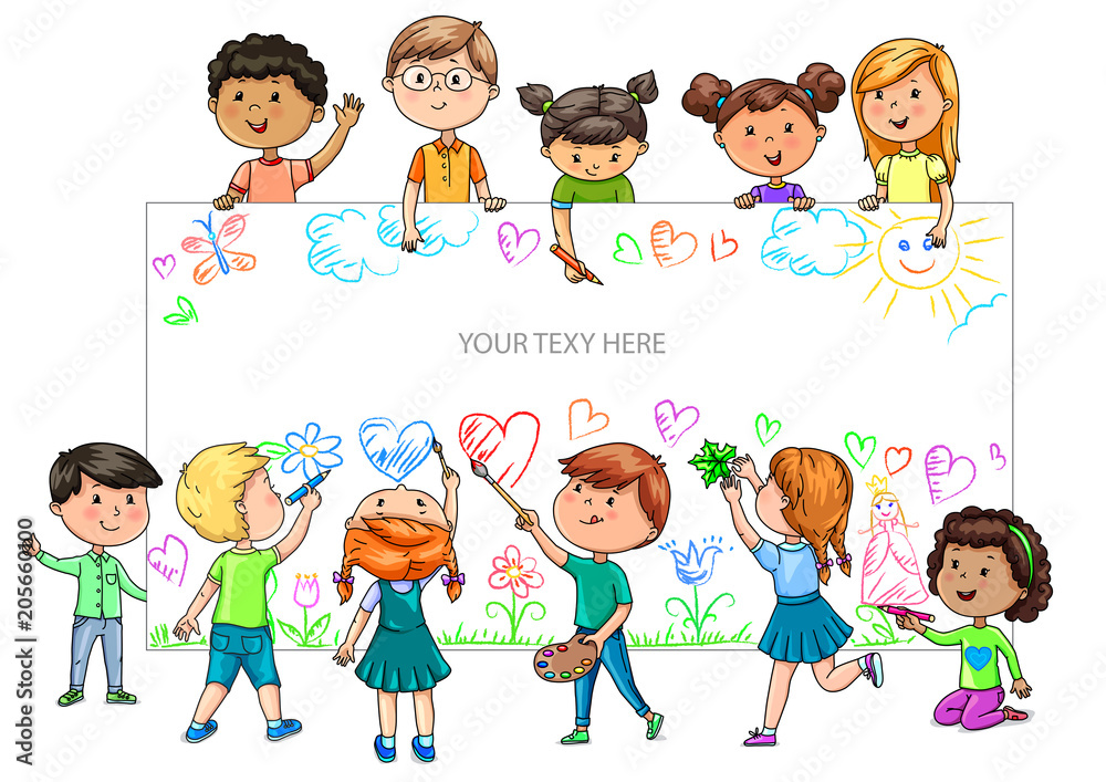 Funny cartoon children of different nationalities hold empty banner for your advertising - obrazy, fototapety, plakaty 