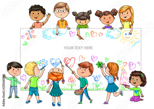 Funny cartoon children of different nationalities hold empty banner for your advertising