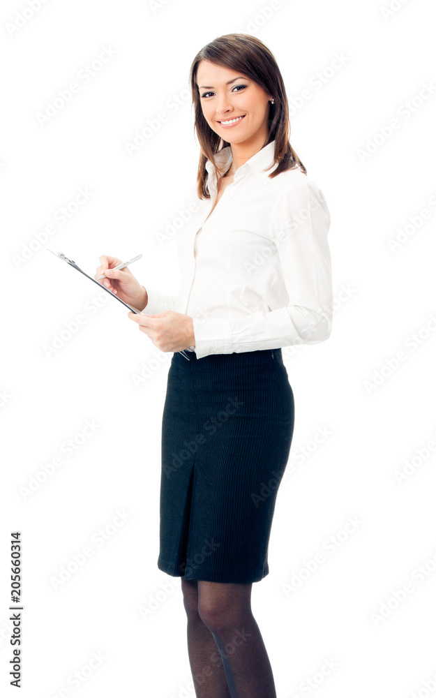 Businesswoman with clipboard writing, isolated Businesswoman with clipboard writing, isolated