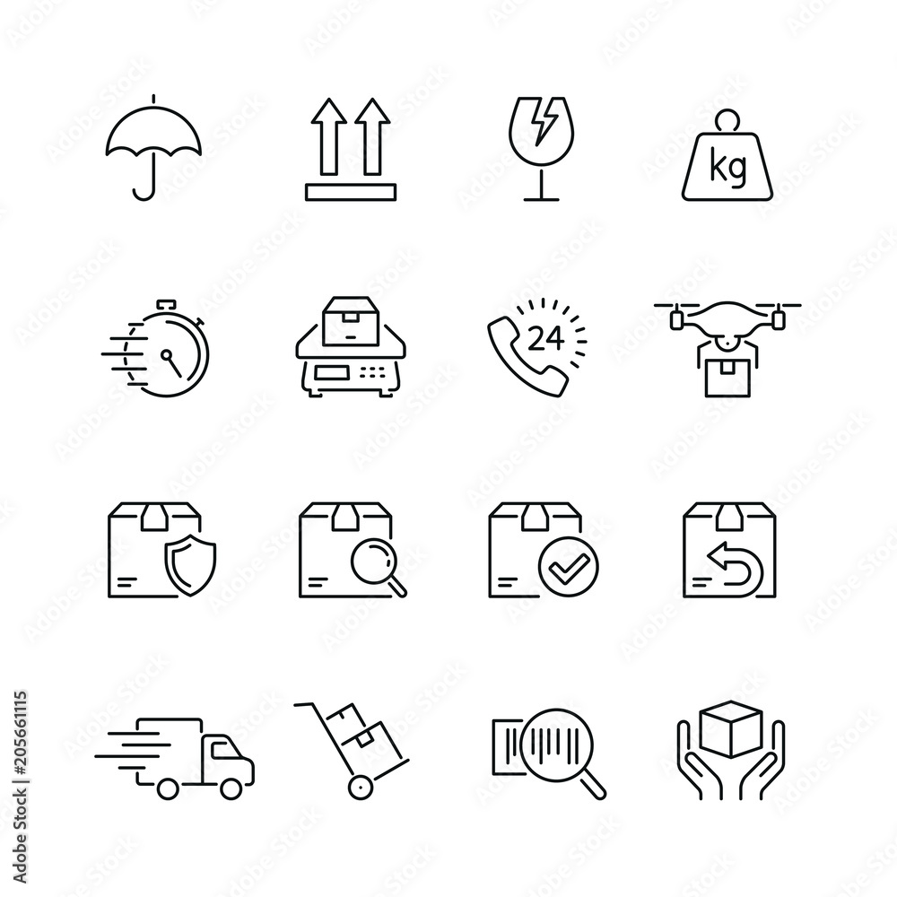 Shipping and delivery related icons: thin vector icon set, black and white kit Shipping and delivery related icons: thin vector icon set, black and white kit