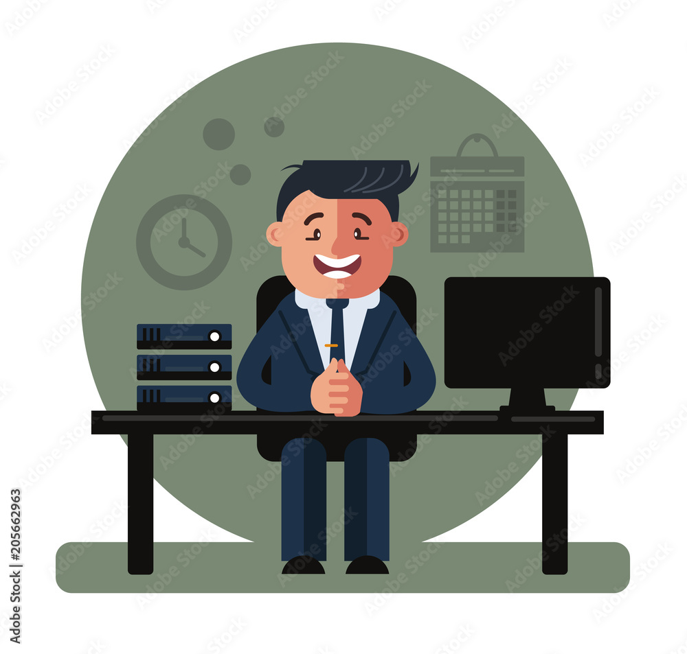Happy smiling office worker boss bank manager consultant character sitting  at table and smiling. Successful business concept. Vector flat cartoon  design graphic illustration Stock Vector | Adobe Stock