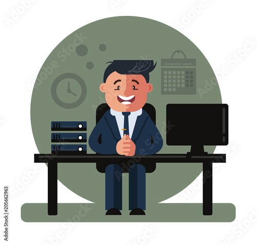 Happy smiling office worker boss bank manager consultant character sitting at table and smiling. Successful business concept. Vector flat cartoon design graphic illustration