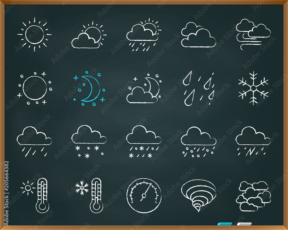 Weather chalk draw line icons vector set