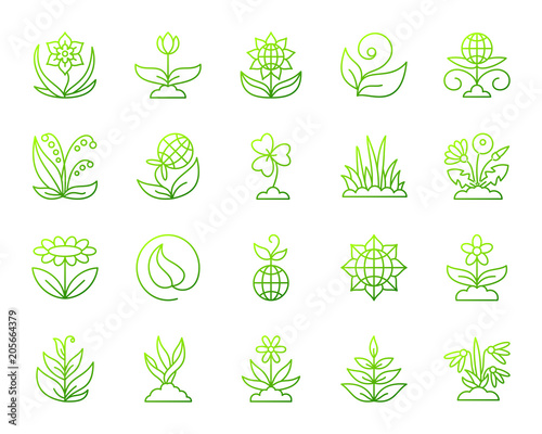 Garden simple green line icons vector set