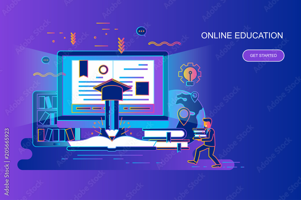 Modern gradient flat line concept web banner of online education with decorated small people character. Landing page template. - obrazy, fototapety, plakaty 