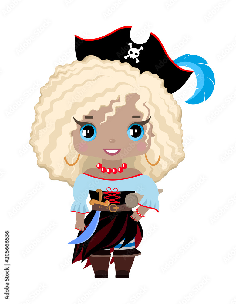 Fototapeta premium little pirate girl in a hat with a feather, boots, pirate outfit, with a sword and a treasure map. With blonde hair and blue eyes, smiling. Isolated image