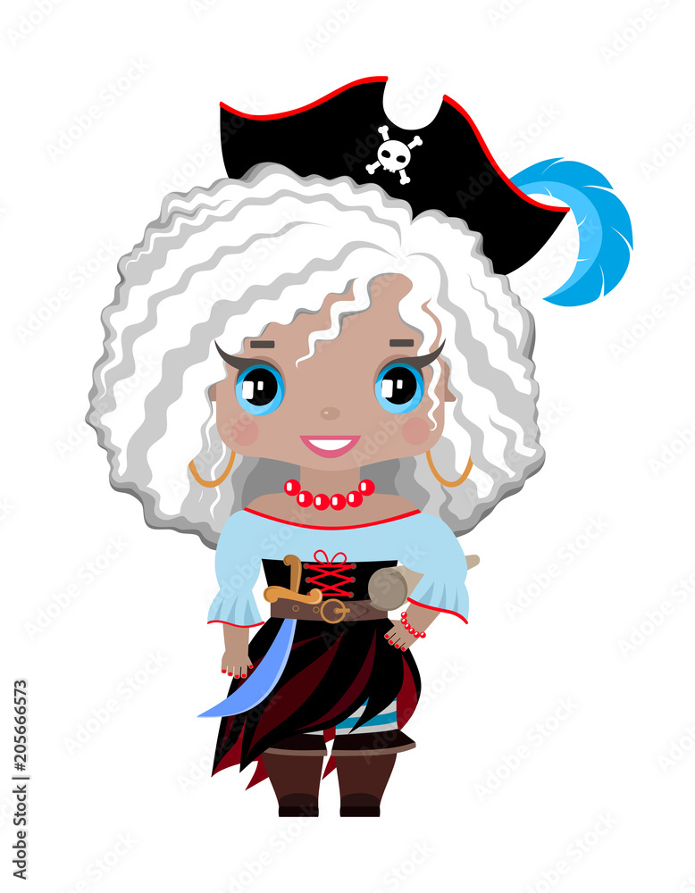 little pirate girl in a hat with a feather, boots, pirate outfit, with a  sword and a treasure map. With ash blonde hair and blue eyes, smiling.  Isolated image Stock Vector |