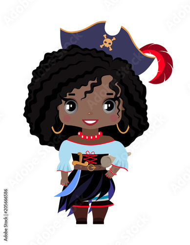 little pirate girl in a hat with a feather, boots, pirate outfit, with a sword and a treasure map. With dark skin, black hair and grey eyes, smiling. Isolated image