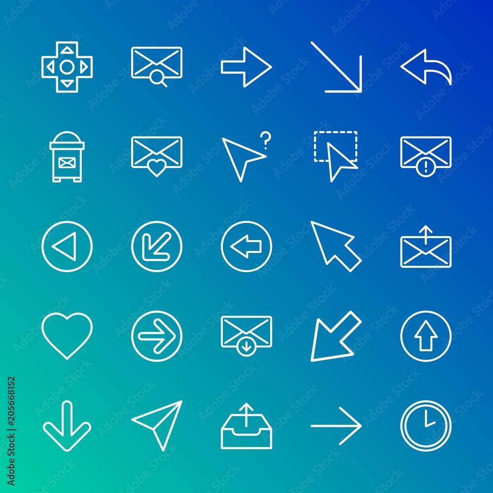 Modern Simple Set of arrows, cursors, email Vector outline Icons. Contains such Icons as scroll, mail, search, cursor, information, up and more on gradient background. Fully Editable. Pixel Perfect. Modern Simple Set of arrows, cursors, email Vector outline Icons. Contains such Icons as scroll, mail, search, cursor, information, up and more on gradient background. Fully Editable. Pixel Perfect.