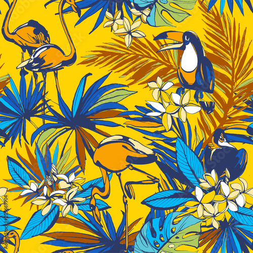 Seamless pattern ink Hand drawn Tropical monstera banana palm leaves, flowers, toucan flamingo birds. Greeting card, invitation summer beach party, flyer, textile print. Vector illustration.