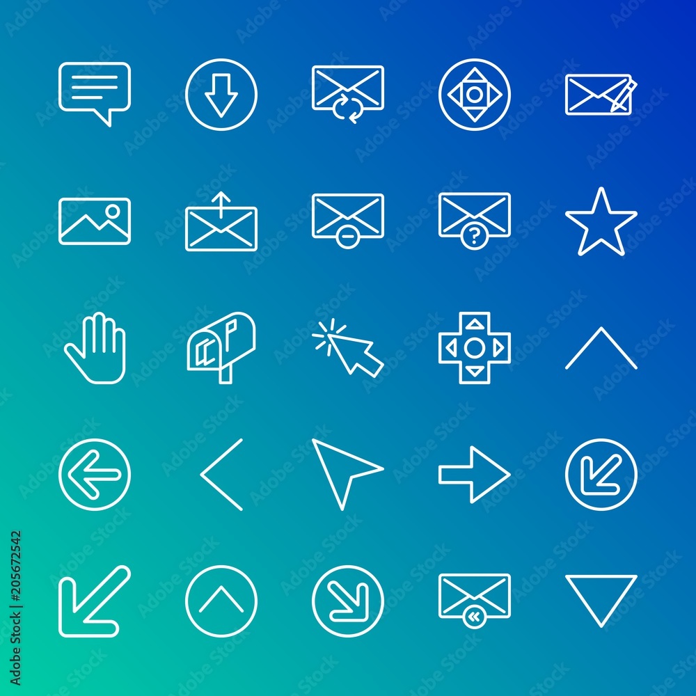 Modern Simple Set of arrows, cursors, email Vector outline Icons. Contains such Icons as previous, left, computer, down, favorite and more on gradient background. Fully Editable. Pixel Perfect. Modern Simple Set of arrows, cursors, email Vector outline Icons. Contains such Icons as previous, left, computer, down, favorite and more on gradient background. Fully Editable. Pixel Perfect.
