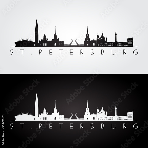 St. Petersburg skyline and landmarks silhouette, black and white design, vector illustration.