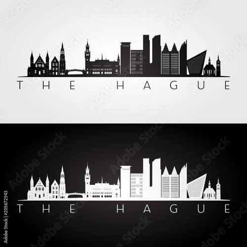 The Hague skyline and landmarks silhouette, black and white design, vector illustration.