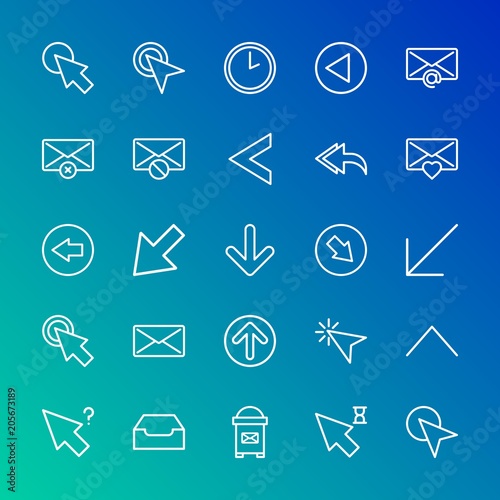 Modern Simple Set of arrows, cursors, email Vector outline Icons. Contains such Icons as next, right, information, down, minute, up and more on gradient background. Fully Editable. Pixel Perfect.