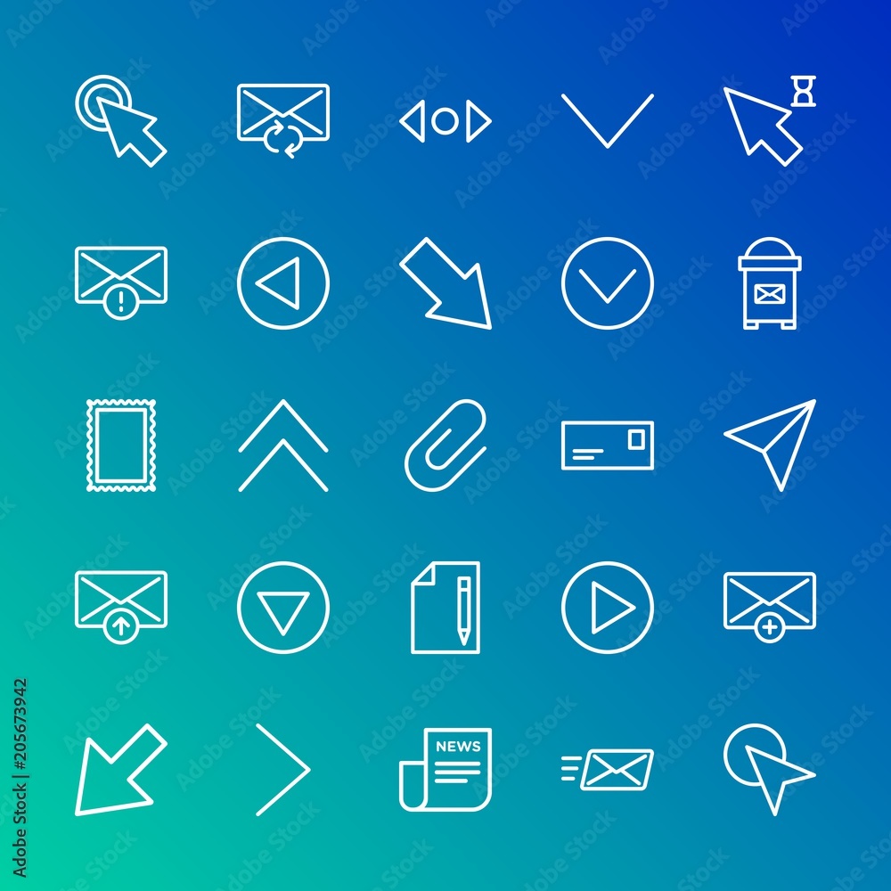 Modern Simple Set of arrows, cursors, email Vector outline Icons. Contains such Icons as newspaper, up, email, circle, add, right and more on gradient background. Fully Editable. Pixel Perfect. Modern Simple Set of arrows, cursors, email Vector outline Icons. Contains such Icons as newspaper, up, email, circle, add, right and more on gradient background. Fully Editable. Pixel Perfect.